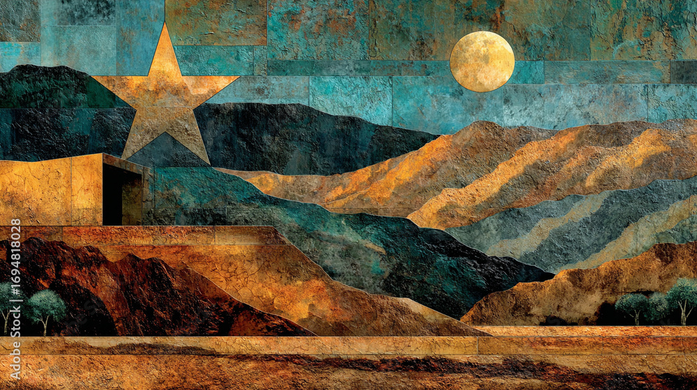 Poster abstract landscape collage featuring geometric star shape over mountain background creating a layere