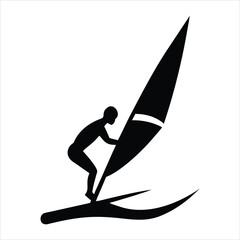 Black silhouette of a person windsurfing on a white background