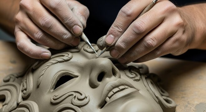 Close-up of a sculptor's hands meticulously carving intricate details into a clay mask with specialized tools.