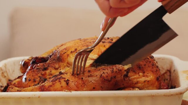 Full roasted grilled chicken meat in a frying pan with potatoes, cooked food, delicious crust, sause pouring. 