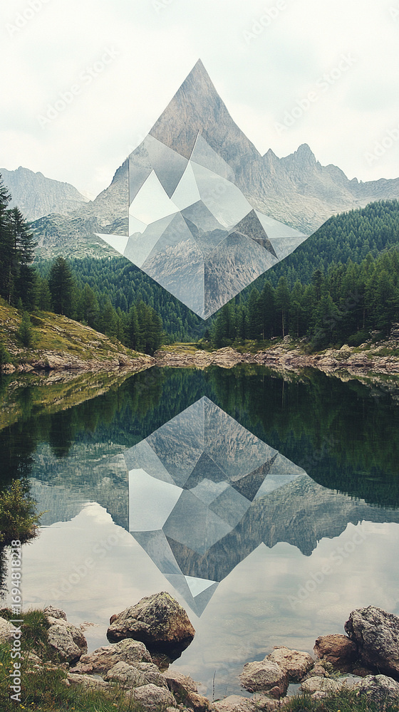 Aufkleber abstract landscape collage featuring geometric star shape over mountain background creating a layere