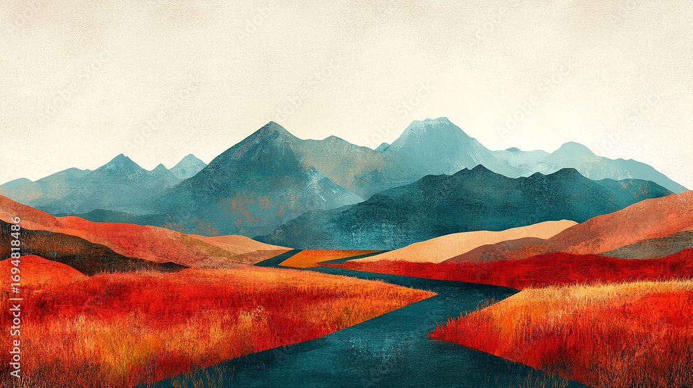 Poster abstract landscape collage featuring geometric star shape over mountain background creating a layere