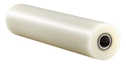 White plastic roller, industrial setting, close-up, machinery background, manufacturing