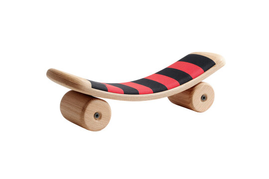 A small, wooden skateboard-shaped seat with red and black stripes