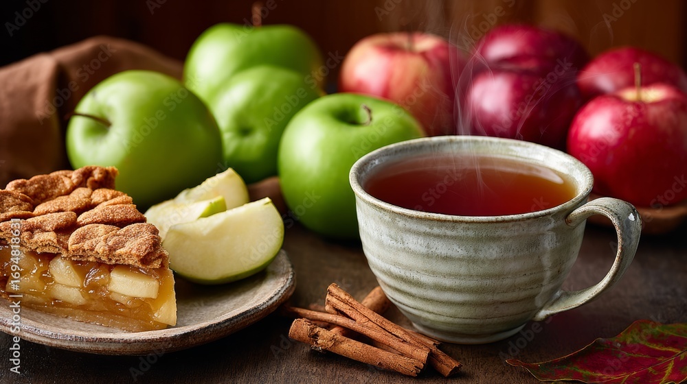Poster pie and a cup of tea are on a table with apples. the pie is cut into slices and the apples are arran