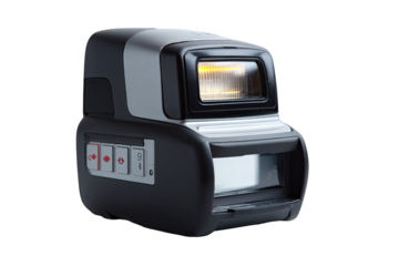 Industrial scanner device operating, close-up, dark background, automated process