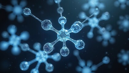 3D molecular structures with transparent, glass-like atoms, glowing particles float in dark space. Abstract scientific imagery represents molecular connections, biotechnology, advanced chemistry