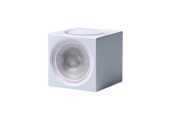 Obraz premium Small, cube-shaped, white speaker with a circular, recessed speaker cone