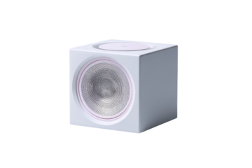 Small, cube-shaped, white speaker with a circular, recessed speaker cone
