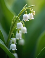 Obraz premium Close-up of blooming lilies of the valley with delicate white flowers. Green foliage and soft bokeh background. Represents spring freshness and natural garden beauty.