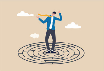 Solving complex business problem, difficulty or challenge to overcome to achieve success or business direction concept, confused businessman in the middle of maze labyrinth finding exit or the way out