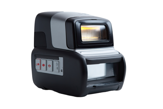 Industrial scanner device operating, close-up, dark background, automated process