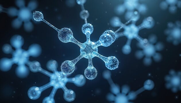 3D molecular structures with transparent, glass-like atoms, glowing particles float in dark space. Abstract scientific imagery represents molecular connections, biotechnology, advanced chemistry
