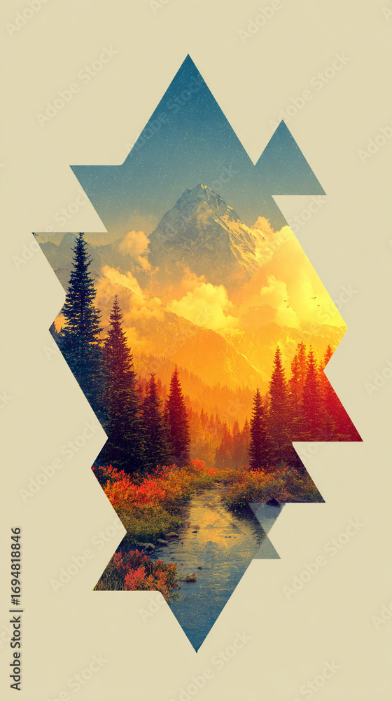 Aufkleber abstract landscape collage featuring geometric star shape over mountain background creating a layere