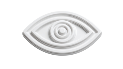A stylized, white eye symbol, three-dimensional, and oval-shaped.  It has?receding lines