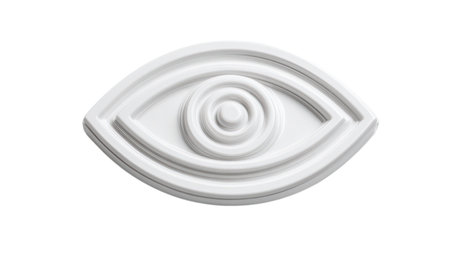 A stylized, white eye symbol, three-dimensional, and oval-shaped.  It has?receding lines