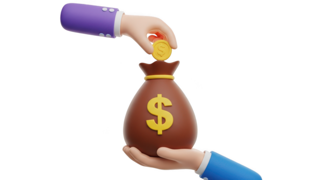 Cartoon hands putting coin into money bag isolated on transparent background, saving concept
