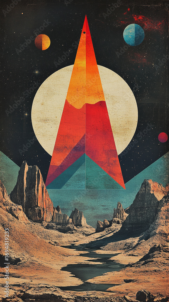 Poster abstract landscape collage featuring geometric star shape over mountain background creating a layere