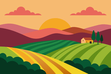 Obraz premium Stylized landscape with rolling hills farm and sunset in warm colors