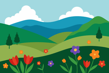 Fototapeta premium Vibrant spring landscape with rolling hills and colorful wildflowers
