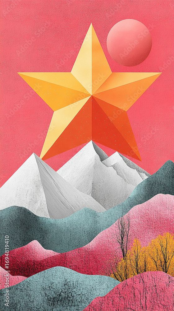 Aufkleber abstract landscape collage featuring geometric star shape over mountain background creating a layere
