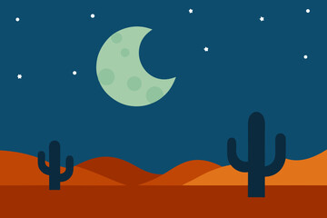 Stylized desert landscape at night with a crescent moon and cacti under a starry sky