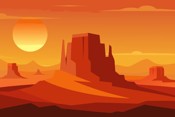 Stylized desert landscape with mesas and a large sun at sunset