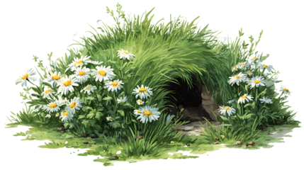 A cozy rabbit burrow nestled amidst lush greenery and blooming daisies isolated on transparent background.