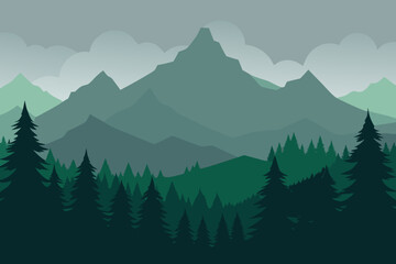 Fototapeta premium Serene mountain range with layered evergreen forest and cloudy sky