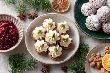 Mini Christmas desserts with gingerbread, pavlova, and snowball cookies on vintage plates, festive holiday styling