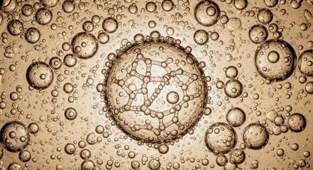 Translucent bubbles of various sizes in a fluid with a large central bubble containing an intricate spherical mesh structure of interconnected nodes