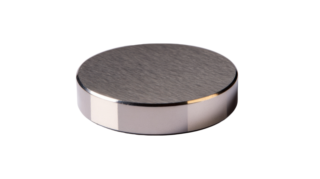 Polished metal disc, studio shot, grey background, industrial use