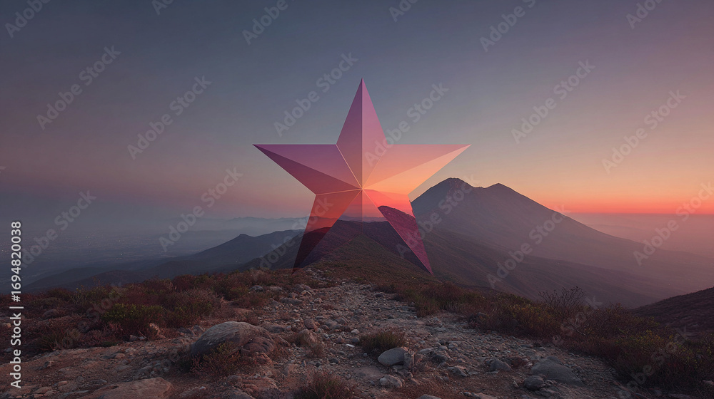 Poster abstract landscape collage featuring geometric star shape over mountain background creating a layere