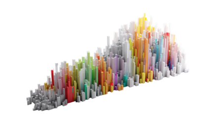 Abstract cityscape, colorful, 3D rendered,  tall, cylindrical shapes,  densely packed,  vibrant,  geometric,  irregularly spaced,  leaning,  elongated,  multi-hued