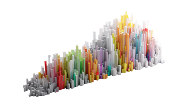 Abstract cityscape, colorful, 3D rendered,  tall, cylindrical shapes,  densely packed,  vibrant,  geometric,  irregularly spaced,  leaning,  elongated,  multi-hued