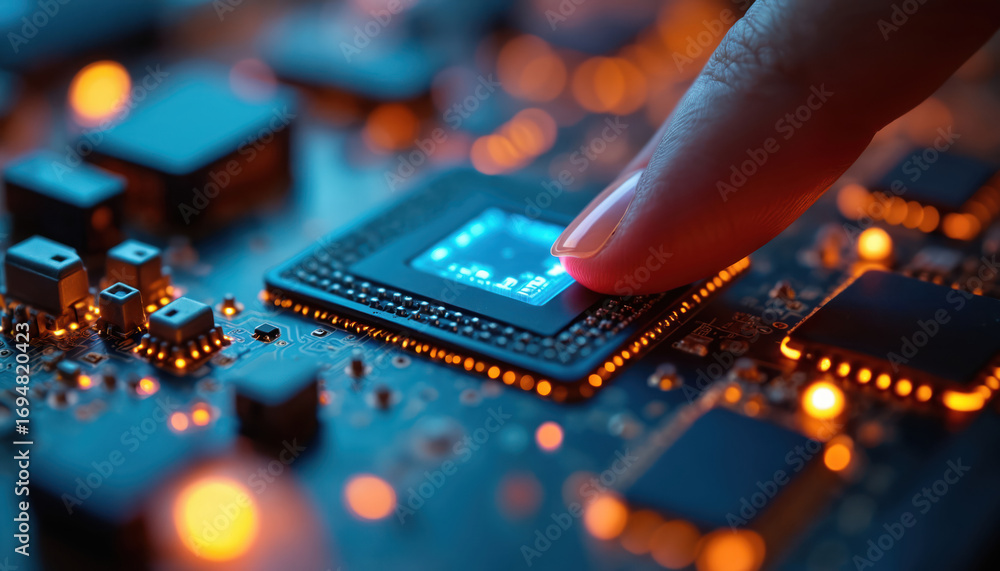 Poster futuristic circuit board with glowing blue, orange components, fingertip interacts with microchip. a