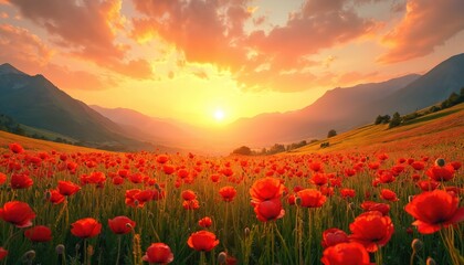Fototapeta premium Vibrant sunset illuminates vast field of red poppies, wildflowers. Mountains cradle valley, bathed in warm golden light. This picturesque landscape evokes feelings of peace, harmony, natural beauty.
