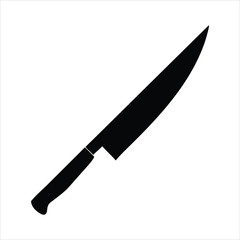 Black silhouette of a sharp kitchen knife on a white background