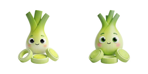 Obraz premium Cartoon fennel bulbs with green stalks and smiling faces, surrounded by round green elements, designed as playful vegetable illustrations