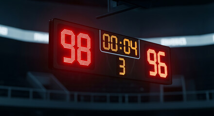 Digital scoreboard displaying a basketball game score and time.
