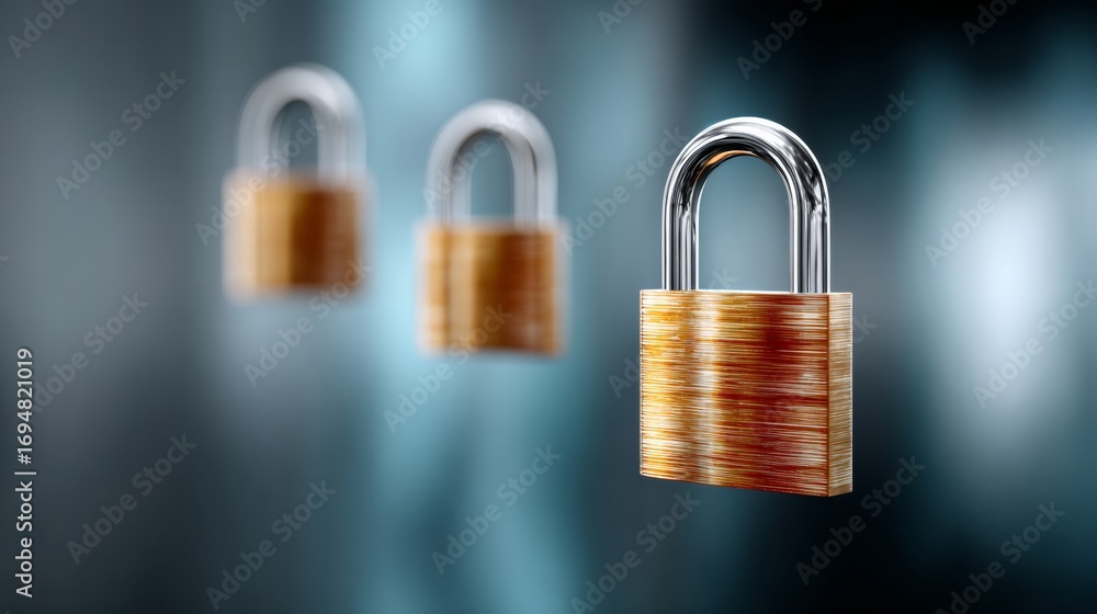 Poster three locks are shown in the air, with one of them being a silver and gold lock. the locks are posit