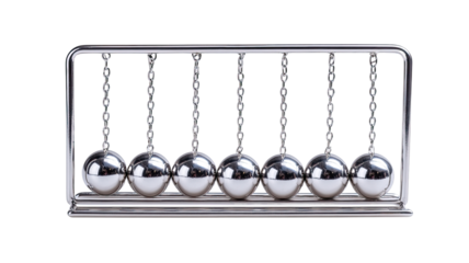 A metallic Newton's cradle, showcasing eight polished steel balls suspended by chains