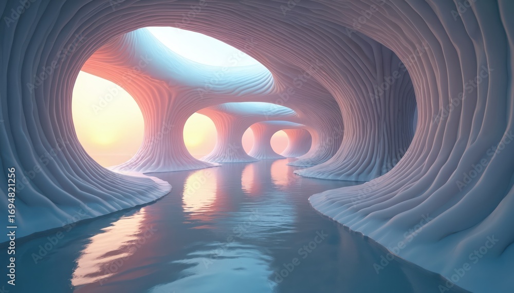 Aufkleber 3d render abstract futuristic architecture, smooth undulating tunnel with glowing openings and refle