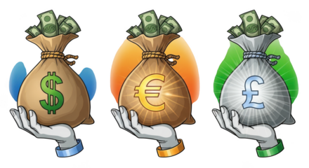 Illustration of bags of money representing different currencies isolated on transparent background