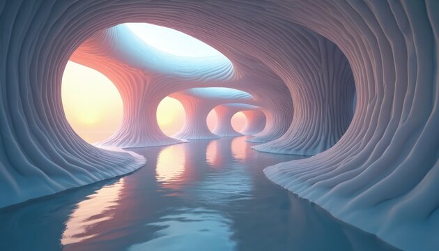 3D render abstract futuristic architecture, smooth undulating tunnel with glowing openings and reflective water. Soft pastel colors, organic wave shapes, digital art. - Powered by Adobe