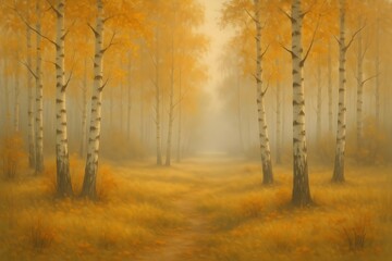 Fototapeta premium Foggy autumn birch grove with golden leaves and soft light, a narrow path fading into mist tranquil forest landscape.