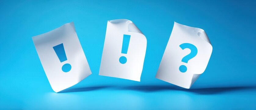 The Paper Sheets with Exclamation and Question Marks Floating on Blue Background