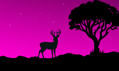 Wild Deer standing at night with tree silhouette