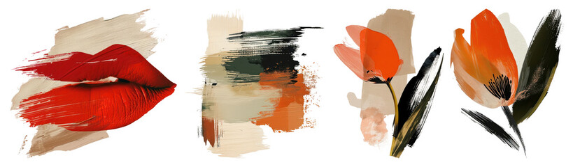 Fototapeta na wymiar PNG Artistic brushstroke floral elements, element set on transparent background