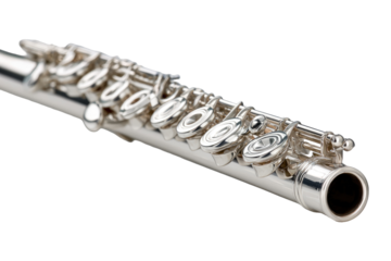 Close-up of a polished silver flute.  Keys and mechanism are clearly visible